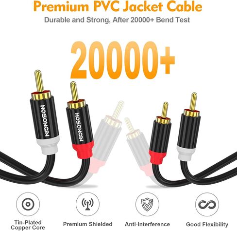 Short RCA Stereo Audio Cable 2 Pack, HOSONGIN 2 RCA Male to 2 RCA Male, High Elasticity PVC Jacket Gold-Plated Plug Double Shielding Cable, 1.6 Feet in Saudi Arabia