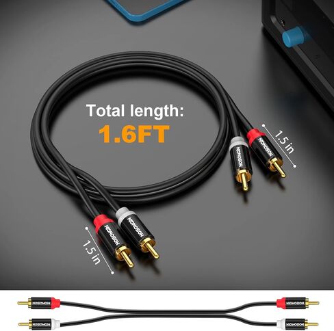 Short RCA Stereo Audio Cable 2 Pack, HOSONGIN 2 RCA Male to 2 RCA Male, High Elasticity PVC Jacket Gold-Plated Plug Double Shielding Cable, 1.6 Feet in Saudi Arabia