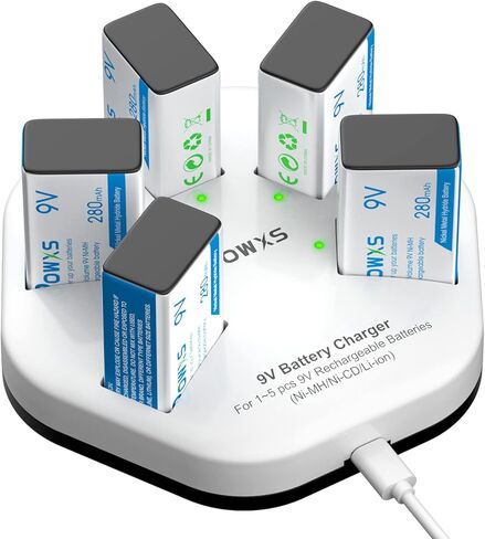 POWXS 9V Rechargeable Battereis Charger and 5 Pack 280mAh 9 Volt Ni-MH Rechargeable Batteries for Smoke Alarms, Guitar, Cameras, Toys & More in Kuwait
