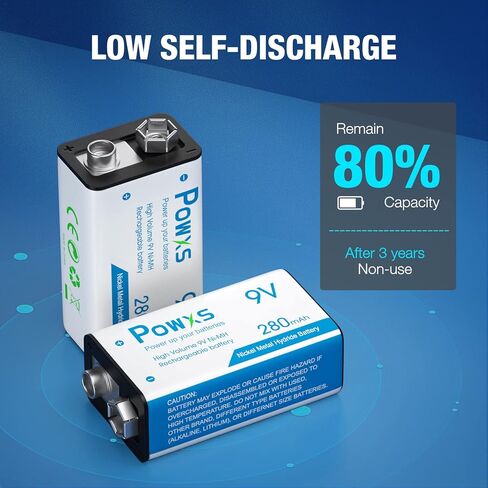 POWXS 9V Rechargeable Battereis Charger and 5 Pack 280mAh 9 Volt Ni-MH Rechargeable Batteries for Smoke Alarms, Guitar, Cameras, Toys & More in Kuwait