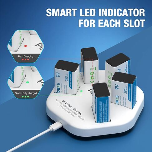 POWXS 9V Rechargeable Battereis Charger and 5 Pack 280mAh 9 Volt Ni-MH Rechargeable Batteries for Smoke Alarms, Guitar, Cameras, Toys & More in Kuwait