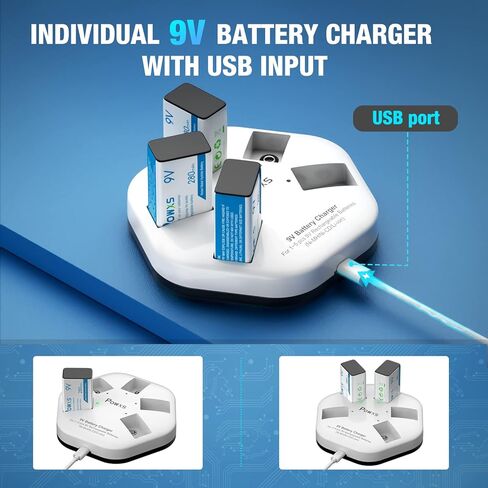 POWXS 9V Rechargeable Battereis Charger and 5 Pack 280mAh 9 Volt Ni-MH Rechargeable Batteries for Smoke Alarms, Guitar, Cameras, Toys & More in Kuwait