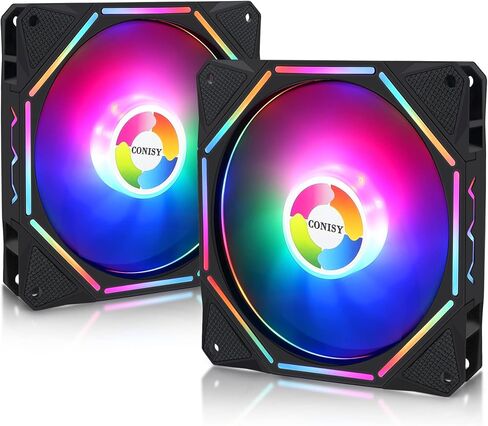 مروحة حافظة من سلسلة Conisy RGB LED مقاس 120 مم لحافظة الكمبيوتر، مروحة تبريد فريدة من نوعها فائقة الهدوء وطويلة العمر لألعاب الكمبيوتر - ملونة (عبوة من قطعتين) in Kuwait