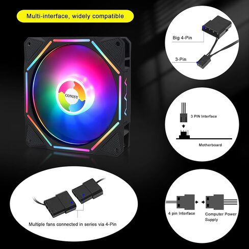 مروحة حافظة من سلسلة Conisy RGB LED مقاس 120 مم لحافظة الكمبيوتر، مروحة تبريد فريدة من نوعها فائقة الهدوء وطويلة العمر لألعاب الكمبيوتر - ملونة (عبوة من قطعتين) in Kuwait