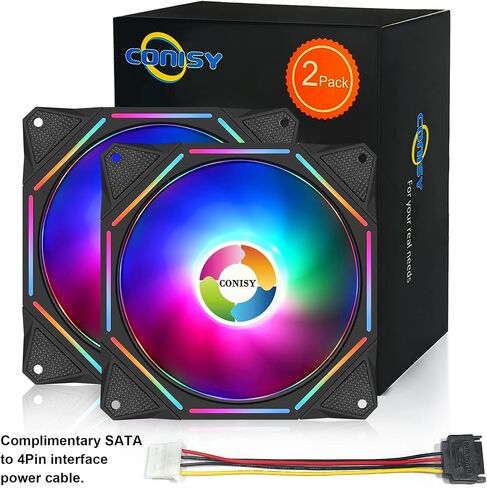 مروحة حافظة من سلسلة Conisy RGB LED مقاس 120 مم لحافظة الكمبيوتر، مروحة تبريد فريدة من نوعها فائقة الهدوء وطويلة العمر لألعاب الكمبيوتر - ملونة (عبوة من قطعتين) in Kuwait
