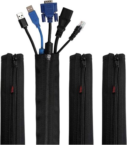 Cable Management Sleeve, Hikig Cord Organizer System - 19.5" Portable Nylon Cable Sleeve with Zipper, Wire Cover, Cable Wrap, Cord Sleeves for TV, Computer, Office, Home Entertainment, 4 Pack - Black in Kuwait