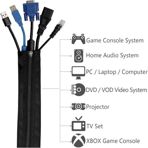 Cable Management Sleeve, Hikig Cord Organizer System - 19.5" Portable Nylon Cable Sleeve with Zipper, Wire Cover, Cable Wrap, Cord Sleeves for TV, Computer, Office, Home Entertainment, 4 Pack - Black in Kuwait