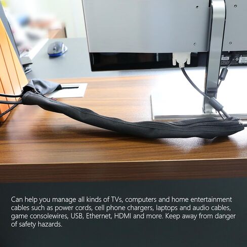 Cable Management Sleeve, Hikig Cord Organizer System - 19.5" Portable Nylon Cable Sleeve with Zipper, Wire Cover, Cable Wrap, Cord Sleeves for TV, Computer, Office, Home Entertainment, 4 Pack - Black in Kuwait