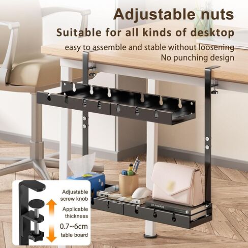 Holotap صينية إدارة الكابلات ذات الطبقة المزدوجة أسفل المكتب، صينية إدارة كابلات بدون حفر للمكتب، قابلة للتعديل من 12.5 بوصة إلى 21.6 بوصة، حامل سلك قطاع الطاقة قابل للسحب لإدارة الأسلاك in Kuwait