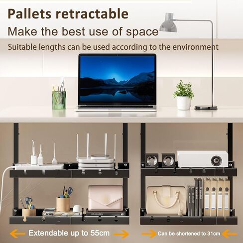 Holotap صينية إدارة الكابلات ذات الطبقة المزدوجة أسفل المكتب، صينية إدارة كابلات بدون حفر للمكتب، قابلة للتعديل من 12.5 بوصة إلى 21.6 بوصة، حامل سلك قطاع الطاقة قابل للسحب لإدارة الأسلاك in Kuwait