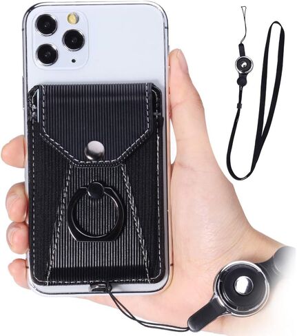 Cell Phone Card Holder,Card Holder for Back of Cell Phone with Ring Grip Stand,Adhesive Stick-on Credit Card Wallet Pocket with Detachable Neck Strap Black in Kuwait