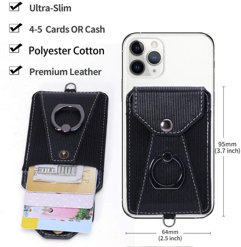 Cell Phone Card Holder,Card Holder for Back of Cell Phone with Ring Grip Stand,Adhesive Stick-on Credit Card Wallet Pocket with Detachable Neck Strap Black in Kuwait