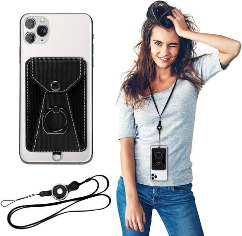 Cell Phone Card Holder,Card Holder for Back of Cell Phone with Ring Grip Stand,Adhesive Stick-on Credit Card Wallet Pocket with Detachable Neck Strap Black in Kuwait