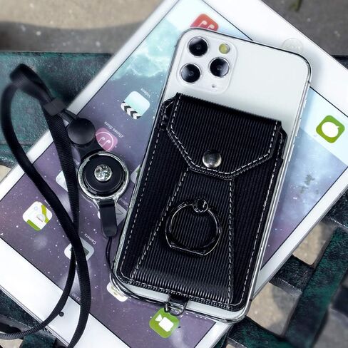 Cell Phone Card Holder,Card Holder for Back of Cell Phone with Ring Grip Stand,Adhesive Stick-on Credit Card Wallet Pocket with Detachable Neck Strap Black in Kuwait