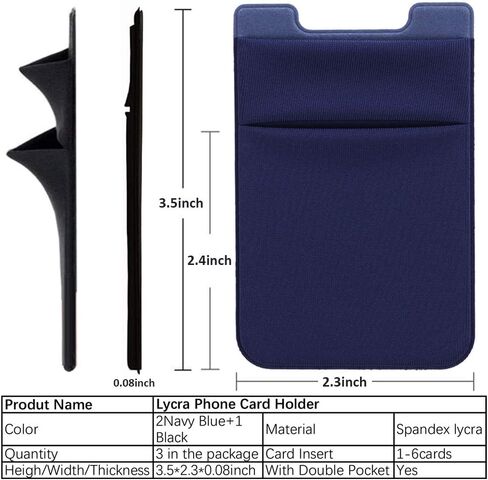 3Pack Adhesive Phone Card Holder Stick on Pocket Wallet Stretchy Cloth Credit/ID Card Sleeve Sticker for Back of Phone of iPhone,Android and All Smartphones (2Navy Blue,1Black) in Kuwait