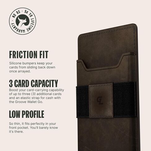 Groove Life Black Leather Groove Wallet Go - Men's Minimalist Interchangeable microsuction technology Credit Card Holder with Magsafe, cash strap. Lifetime Coverage in Kuwait