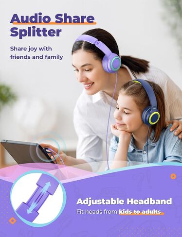 iClever HS22 2-Pack Kids Headphones with Sharing Splitter for School Travel | SafeSound Tech3.0, Share Audio, Tangle-Free, 3.5mm Jack, Foldable, Stereo Sound, Wired Headphones for Kids, Green & Blue in Kuwait