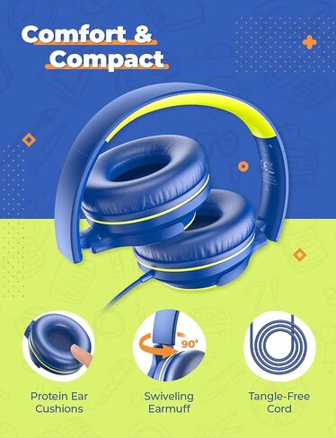 iClever HS22 2-Pack Kids Headphones with Sharing Splitter for School Travel | SafeSound Tech3.0, Share Audio, Tangle-Free, 3.5mm Jack, Foldable, Stereo Sound, Wired Headphones for Kids, Green & Blue in Kuwait