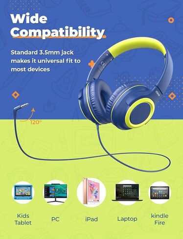 iClever HS22 2-Pack Kids Headphones with Sharing Splitter for School Travel | SafeSound Tech3.0, Share Audio, Tangle-Free, 3.5mm Jack, Foldable, Stereo Sound, Wired Headphones for Kids, Green & Blue in Kuwait