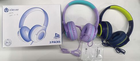 iClever HS22 2-Pack Kids Headphones with Sharing Splitter for School Travel | SafeSound Tech3.0, Share Audio, Tangle-Free, 3.5mm Jack, Foldable, Stereo Sound, Wired Headphones for Kids, Green & Blue in Kuwait