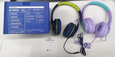 iClever HS22 2-Pack Kids Headphones with Sharing Splitter for School Travel | SafeSound Tech3.0, Share Audio, Tangle-Free, 3.5mm Jack, Foldable, Stereo Sound, Wired Headphones for Kids, Green & Blue in Kuwait