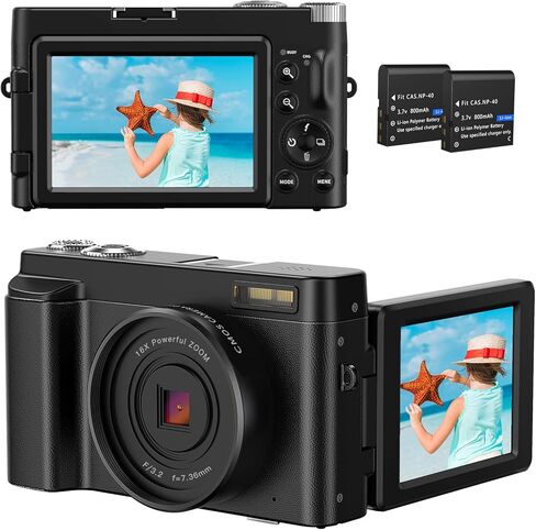 Digital Camera HD 1080P Video Camera Vlogging Camera for YouTube with Webcam, 3.0 Inch Flip Screen Compact Camera with 16X Digital Zoom, 2 Batteries in Kuwait