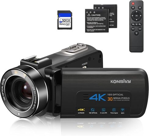 كاميرا فيديو KONSIVY بدقة 4K 24FPS مع تقريب بصري 10X ورقمي 4X، وكاميرات تسجيل فيديو WiFi مع تركيز تلقائي، وشاشة تعمل باللمس وجهاز تحكم عن بعد، ومسجل فيديو مع بطاريتين in Kuwait