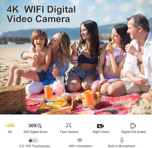 كاميرا فيديو 4K كاميرا فيديو 1080P 60FPS كاميرا فيديو 4K Ultra HD 16x تكبير رقمي كاميرا فيديو للرؤية الليلية بالأشعة تحت الحمراء مع ميكروفون، عدسة زاوية واسعة، حامل محمول، بطاقة SD سعة 64 جيجابايت in Kuwait