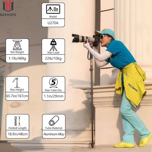 حامل كاميرا مونوبود 65.7 بوصة/167 سم مصنوع من سبائك الألومنيوم و5 أقسام للفيديو الاحترافي لكاميرات الفيديو Canon Nikon GoPro DSLR DV، أقصى تحميل 22 رطل/10 كجم، GEEHOPE U270A in Kuwait