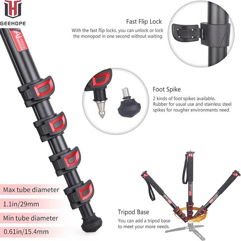 حامل كاميرا مونوبود 65.7 بوصة/167 سم مصنوع من سبائك الألومنيوم و5 أقسام للفيديو الاحترافي لكاميرات الفيديو Canon Nikon GoPro DSLR DV، أقصى تحميل 22 رطل/10 كجم، GEEHOPE U270A in Kuwait