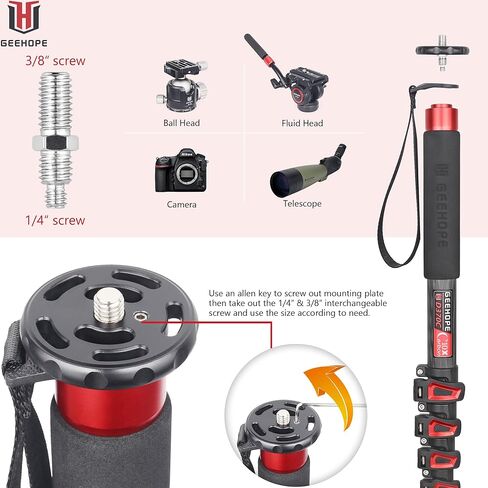 حامل فيديو احترافي من ألياف الكربون مقاس 63 بوصة/160 سم بأربعة أقسام لكاميرات الفيديو Canon Nikon GoPro DSLR DV، أقصى تحميل 22 رطل/10 كجم، GEEHOPE D260C in Kuwait