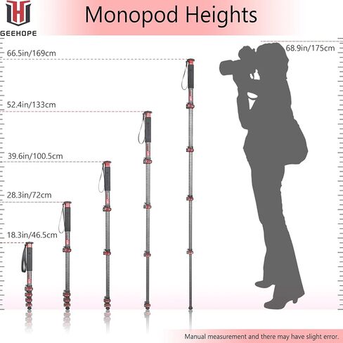 حامل فيديو احترافي من ألياف الكربون مقاس 63 بوصة/160 سم بأربعة أقسام لكاميرات الفيديو Canon Nikon GoPro DSLR DV، أقصى تحميل 22 رطل/10 كجم، GEEHOPE D260C in Kuwait