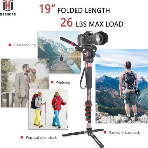 حامل فيديو احترافي من ألياف الكربون مقاس 63 بوصة/160 سم بأربعة أقسام لكاميرات الفيديو Canon Nikon GoPro DSLR DV، أقصى تحميل 22 رطل/10 كجم، GEEHOPE D260C in Kuwait