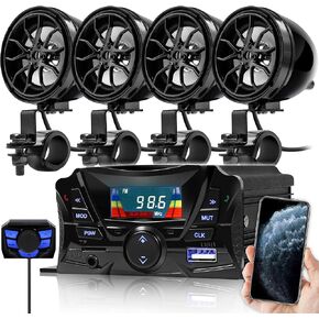 GoHawk TS3-Q Gen.3 Motorcycle Weatherproof Bluetooth Speakers 7/8-1.25 in. Handlebar Mount MP3 Music Player Sound Audio Stereo Amplifier System ATVs Golf Cart AUX, USB, Micro SD, FM Radio, 4-Speaker