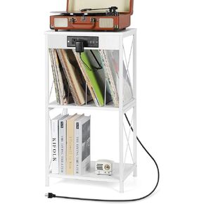 حامل مشغل تسجيل BTY مع محطة شحن ومنافذ USB، تخزين سجل الفينيل 3 طبقات مع فواصل حامل عرض تسجيل صغير يحمل ما يصل إلى 90 ألبومًا لغرفة المعيشة وغرفة النوم والمكتب، رمادي in Kuwait