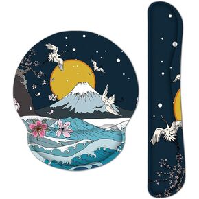 Memory Foam Ergonomic Keyboard Mouse Pad Support Set - Non Slip Mousepad Wrist Rest for Computer/Gaming/Office - Comfortable for Easy Typing & Pain Relief(Fujiyama & Moon)