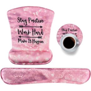 Ergonomic Mouse Pad with Wrist Support Gel, DINKY Upgraded Keyboard Wrist Rest Pad Set, Lovely Coaster with Non-Slip PU Base Mouse Pads for Working, Gaming and Family (Pink Letters)
