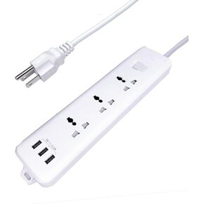 شريط طاقة عالمي مع 3 منافذ USB 3 تيار متردد، شريط طاقة أبيض قابل للسحب، واقي من التيار الكهربائي الأوروبي 220 فولت/240 فولت، أسلاك تمديد بطول 6.5 قدم للسفر والمنزل والمكتب in Kuwait