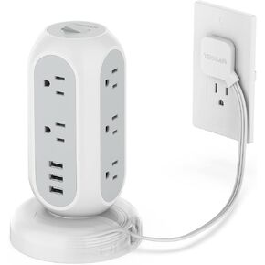Flat Plug Power Strip Tower, TESSAN Ultra Thin Retractable Extension Cord 5 FT, Surge Protector 11 Outlets with 3 USB Charging Station, 1050J, Office Supplies, Desk Accessories, Dorm Essentials