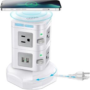 Power Strip Surge Protector, ODOM Power Strips Tower with Fast Wireless Charger, 4 USB Ports + 10 Outlets + 6 ft Extension Cord, Multi Plug Outlet Multiple Charging Station for Home Office Dorm Room