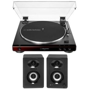 Audio-Technica AT-LP60X Fully Automatic Belt-Drive Stereo Turntable (Brown) Bundle with Bluetooth Studio Monitors - Pair (2 Items) in Kuwait