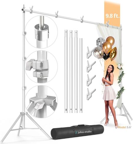 Julius Studio 10 x 9.8 feet (New) Heavy Duty Large White Backdrop Stands, Background Support, Metal Cap Head Thicker Joints for Enhanced Stability, White Spring Clamps, Photo Video Studio, JSAG838 in Kuwait