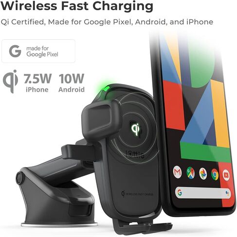 شاحن سيارة iOttie سهل الاستخدام بلمسة واحدة لاسلكي 2 فتحة CD للشحن + فتحة تهوية كومبو للهاتف iPhone وSamsung Galaxy وHuawei وLG والهواتف الذكية، أسود in Kuwait