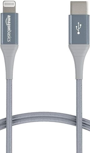 Amazon Basics Nylon USB-C to Lightning Cable, MFi Certified Charging Cord for Apple iPhone 14 13 12 11 X Xs Pro, Pro Max, Plus, iPad, 10,000 Bend Lifespan - Silver, 3-Ft in Saudi Arabia
