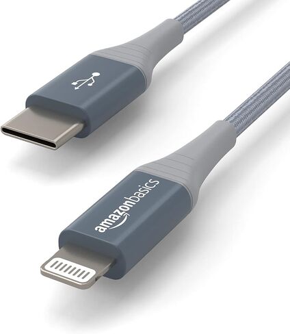 Amazon Basics Nylon USB-C to Lightning Cable, MFi Certified Charging Cord for Apple iPhone 14 13 12 11 X Xs Pro, Pro Max, Plus, iPad, 10,000 Bend Lifespan - Silver, 3-Ft in Saudi Arabia