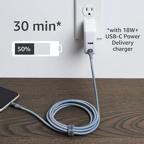Amazon Basics Nylon USB-C to Lightning Cable, MFi Certified Charging Cord for Apple iPhone 14 13 12 11 X Xs Pro, Pro Max, Plus, iPad, 10,000 Bend Lifespan - Silver, 3-Ft in Saudi Arabia