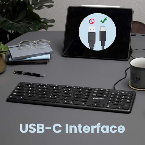 Perixx PERIBOARD-210C Wired Full-Size USB C Keyboard with Quiet Scissor Keys - Compatible with Windows, macOS, and Android Tablet and Laptops - Black - US English in Saudi Arabia