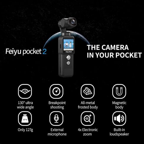 كاميرا Feiyu Pocket 2S قابلة للارتداء ذات 3 محاور Gimbal ثابتة فيديو 4K، عرض 130 درجة، AL مغناطيسي. Alloy Boby، ميكروفون مكبر صوت، 4xZoom، صورة 8 ميجابكسل، فتحة بطاقة 512 جيجا، HDMI، تأثير الجمال، لـ YouTube TikTok IG in Kuwait