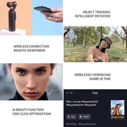 كاميرا Feiyu Pocket 2S قابلة للارتداء ذات 3 محاور Gimbal ثابتة فيديو 4K، عرض 130 درجة، AL مغناطيسي. Alloy Boby، ميكروفون مكبر صوت، 4xZoom، صورة 8 ميجابكسل، فتحة بطاقة 512 جيجا، HDMI، تأثير الجمال، لـ YouTube TikTok IG in Kuwait