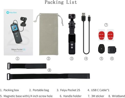 كاميرا Feiyu Pocket 2S قابلة للارتداء ذات 3 محاور Gimbal ثابتة فيديو 4K، عرض 130 درجة، AL مغناطيسي. Alloy Boby، ميكروفون مكبر صوت، 4xZoom، صورة 8 ميجابكسل، فتحة بطاقة 512 جيجا، HDMI، تأثير الجمال، لـ YouTube TikTok IG in Kuwait